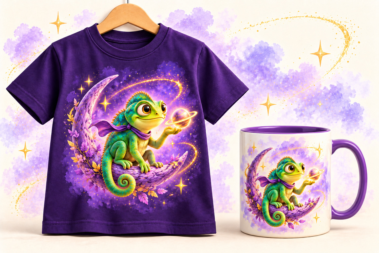 Ilustrační tričko a hrnek s motivem vesmírného chameleona.